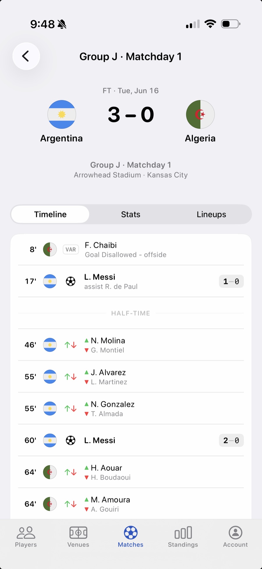 Fixtures match timeline screen showing goals, VAR, substitutions, and a final score.