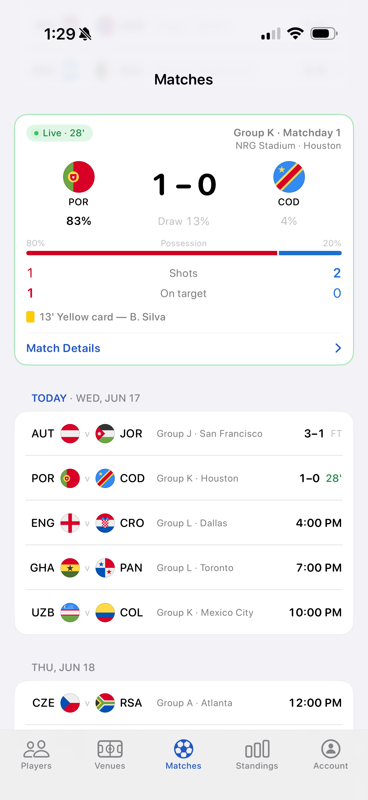 Fixtures matches screen showing a live match card and today's schedule.
